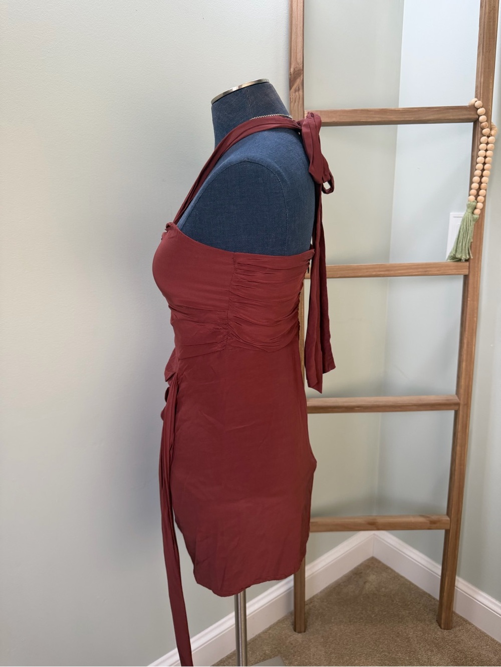 Express Brown Ruched Halter-Neck Mini Dress Size Small - Picture 3 of 7